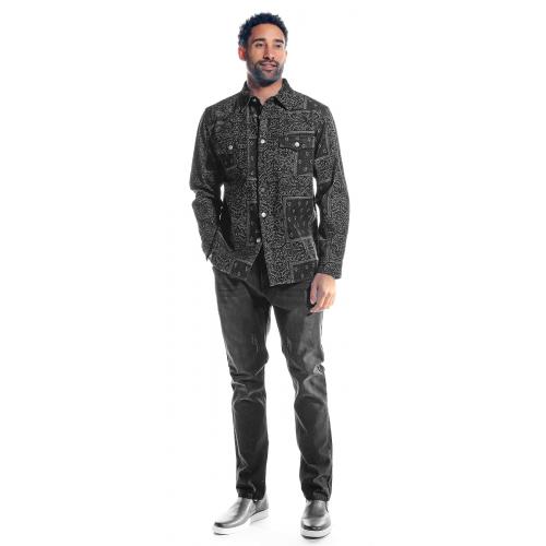 Stacy Adams Black Woven Paisley Cotton Modern Fit Denim Jacket Outfit 1595